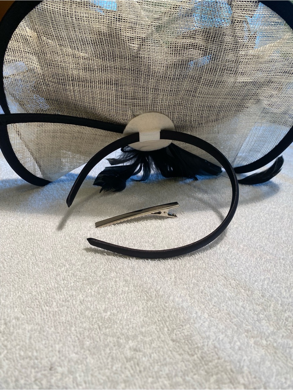 Black and Ivory Mesh Fascinator Headband with Feather Accent
